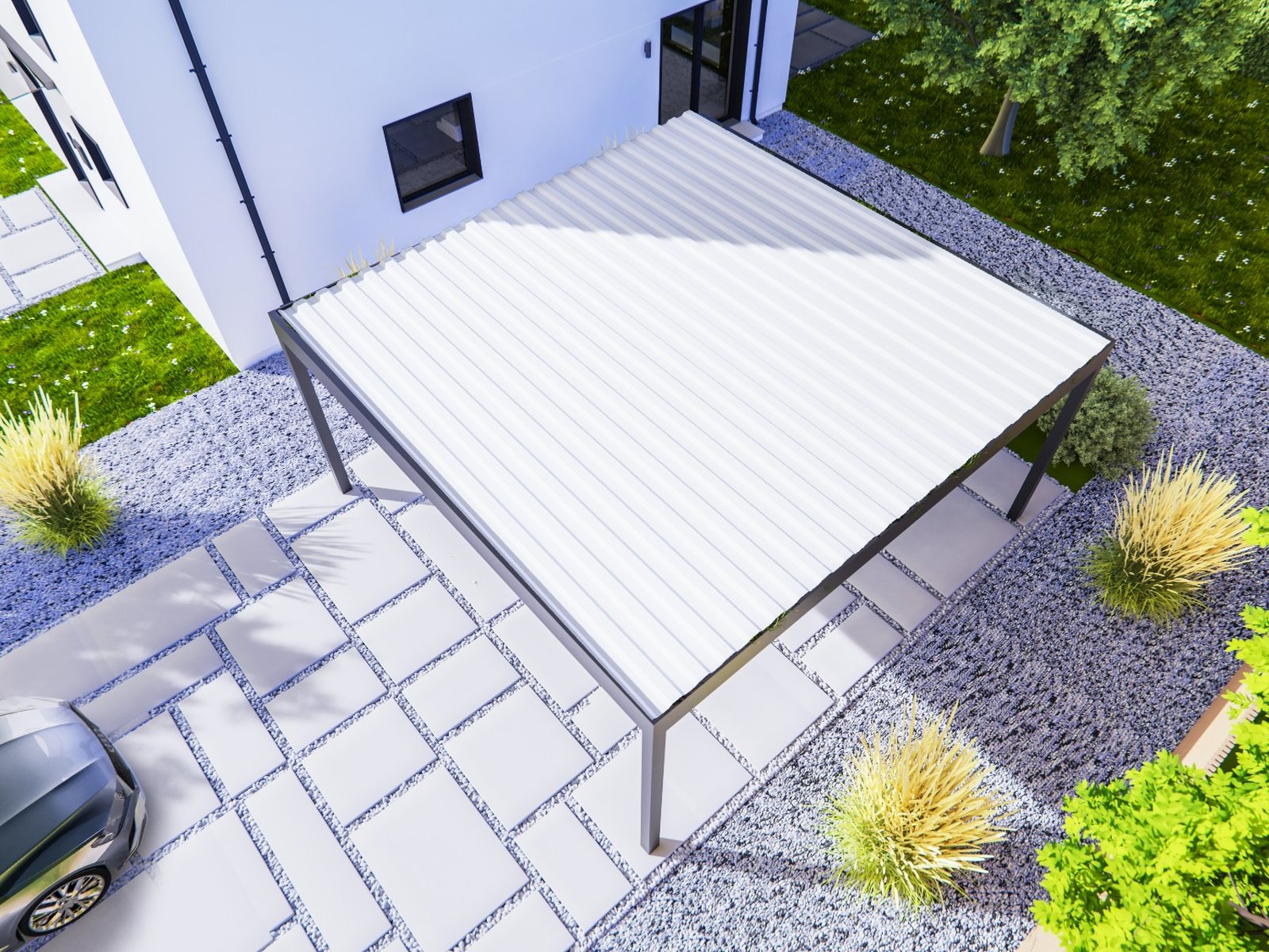 Carport Flat Line mit Flachdach neben einem Wohnhaus – Beispielansicht