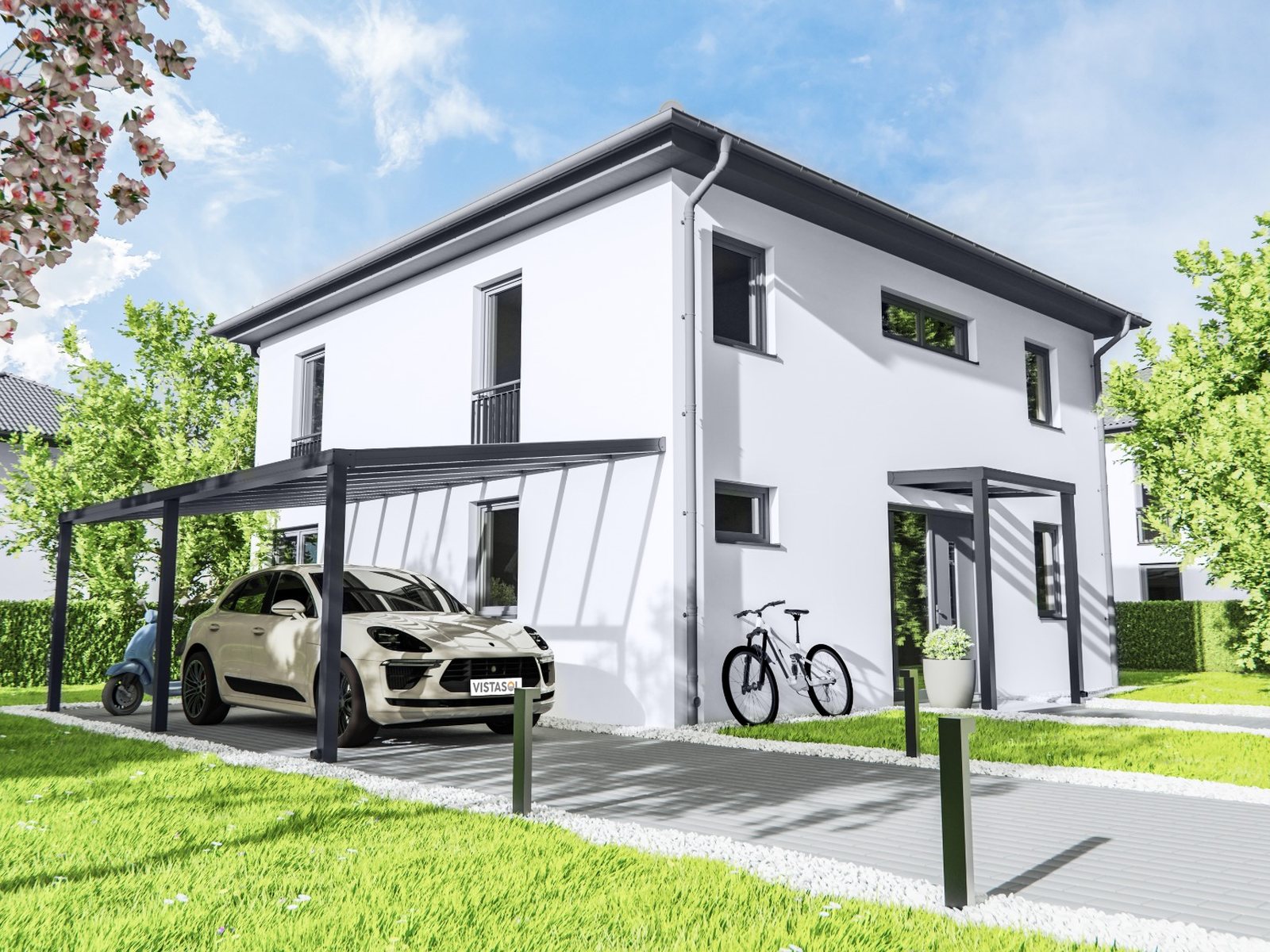 Carport TDS mit Pultdach an der Hauswand – Beispielansicht