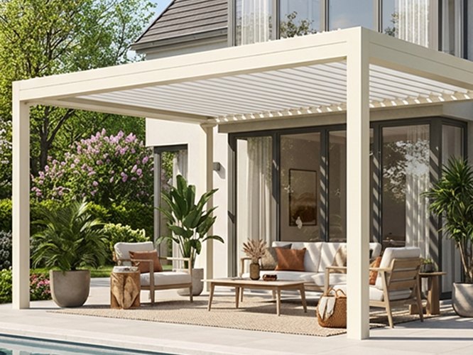 Lamellendach OPEN in Creme mit Loungemöbeln am Pool
