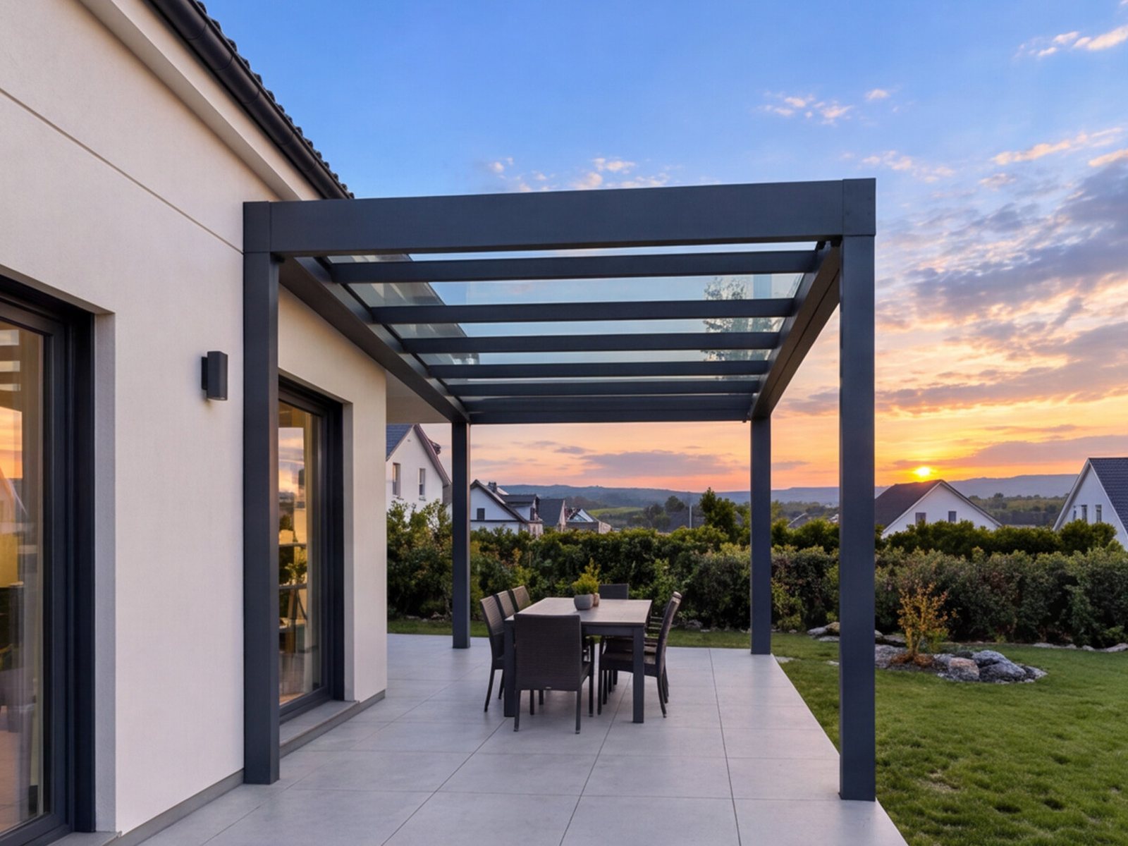 Kubische Terrassenüberdachung CUBO am Haus im Abendlicht – Beispielansicht