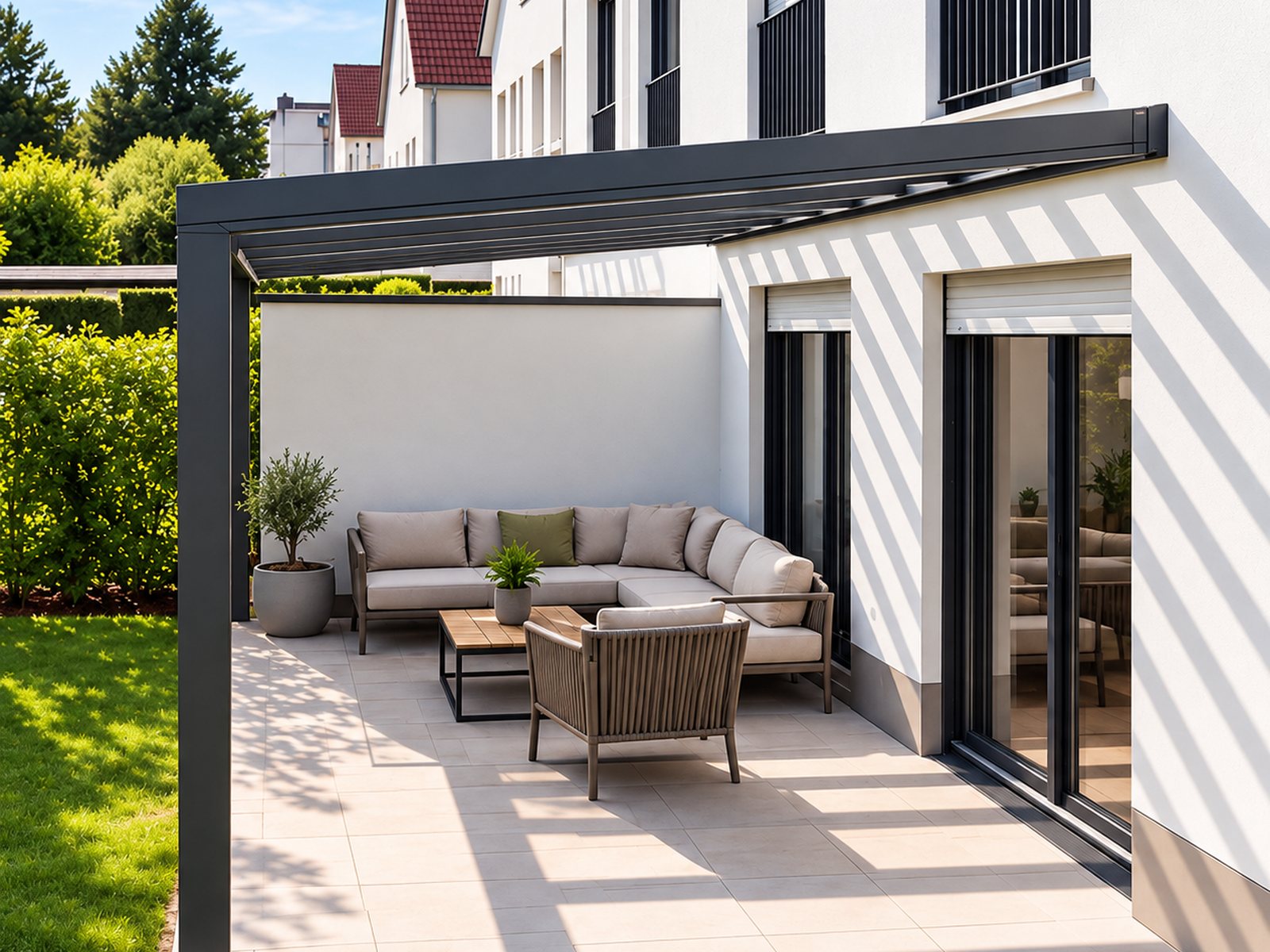Terrassenüberdachung TRENDLINE mit Pultdach und Sitzbereich – Beispielansicht